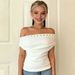 American Simple Rivet Decoration Asymmetrical Neckline Off-the-shoulder T-shirt Women's Short-sleeved Slim-fitting Casual Waist Pleated Top_ecoleips.com