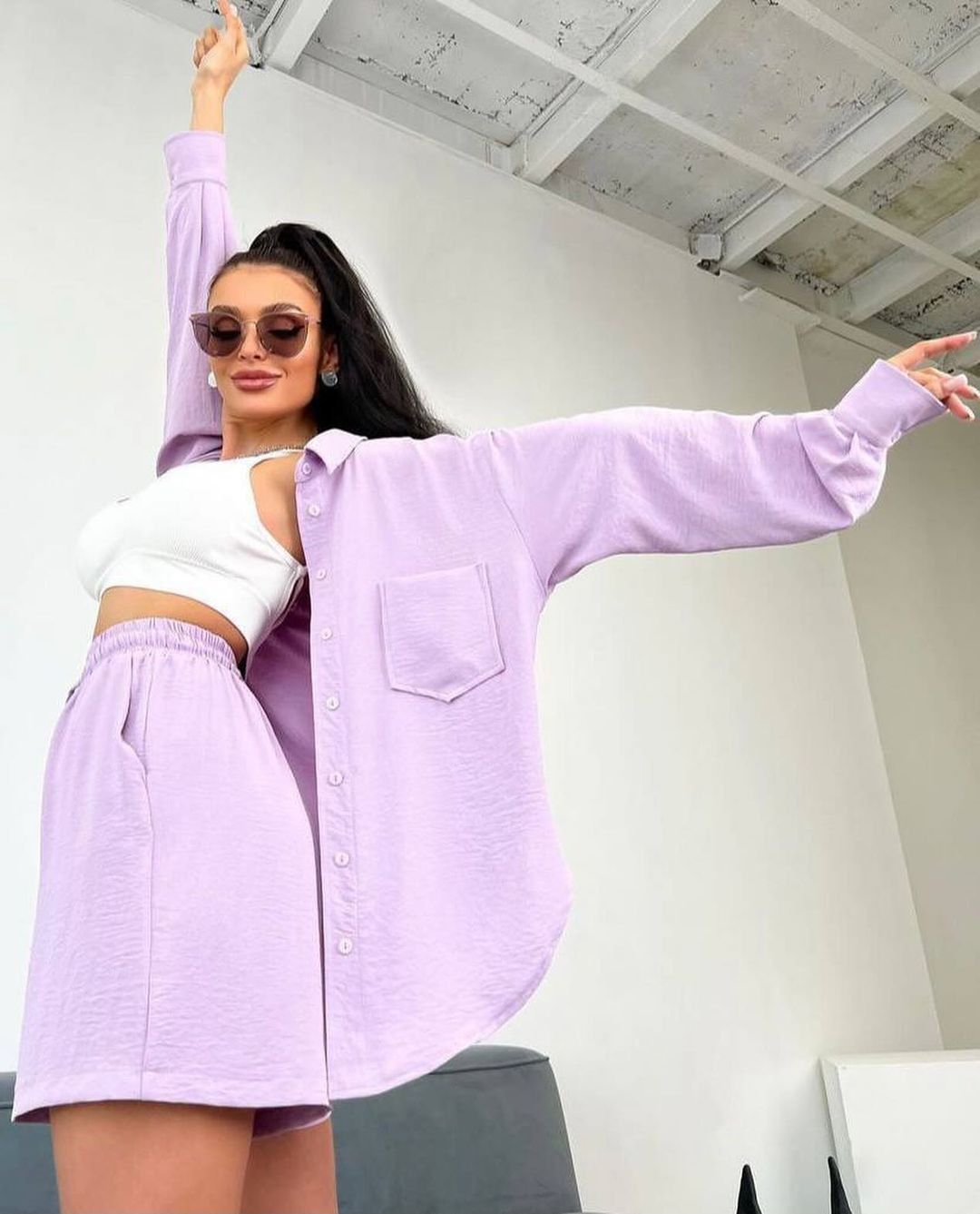 Women's Clothing Solid Color Single Breasted Long Sleeved Shirt Loose Fashion Casual Shorts Suit_ecoleips.com