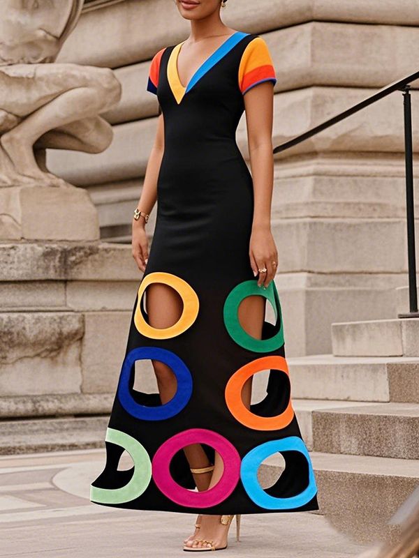 Freeacy Women's Slim Fit V-neck Short Sleeves Dress Contrast Color Hollowed A-line Colorblock & Geometric Cutouts Party Dresses_ecoleips.com