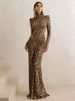 Nibber Leopard Print Maxi Dress Women Backless Full Sleeve Turtleneck Peach Butt Folds Skinny Fashion Elegant Banquet Vestidos_ecoleips.com