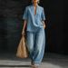 Men's Retro Denim Outfit Set V-Neck Short Sleeve Top And Relaxed Fit Jeans 90s Vintage Distressed Wash Casual Streetwear_ecoleips.com