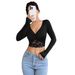European And American Cross-border 2026 New Women's Deep V-neck Long-sleeve Lace Patchwork Ruched Short T-shirt_ecoleips.com