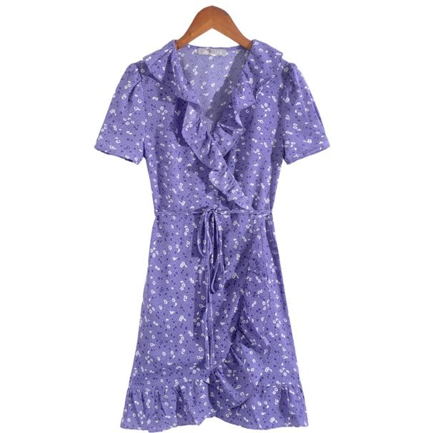 L24131-24 Early Spring New European And American Style Sweet Purple Floral V-Neck Short Sleeve Casual Dress For Girls_ecoleips.com