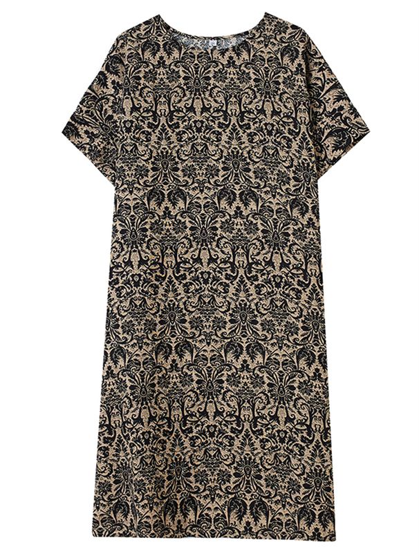 Cotton Linen Vintage Print Spring Summer Dresses For Women 2026 Short Sleeve Casual Loose Midi Dress Robe Femme Elegant Clothing_ecoleips.com