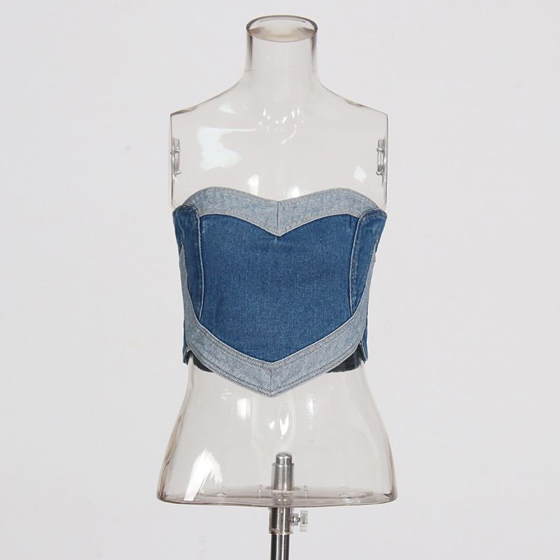 Women's Clothing Spring New Retro Washed Love Stitching Slim Fit Tube Top Vest_ecoleips.com