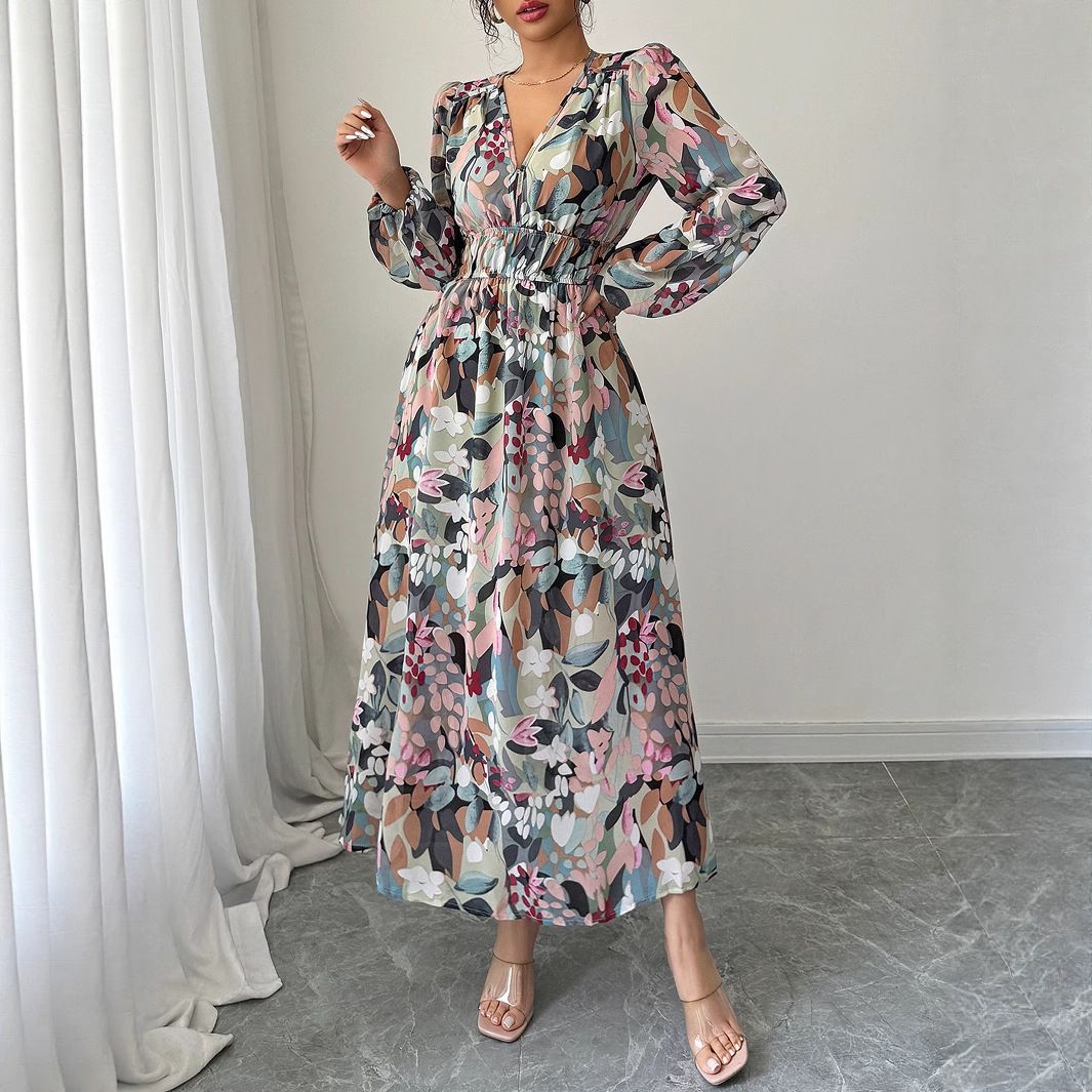 Women's Clothing Temperament Elegant Style Printed V Neck Waist Dress Women's Clothing Spring And Summer_ecoleips.com