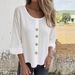 2025 New European And American Style Loose-Fit Women's T-Sh, Round Neck Cotton-Linen Buttoned Top, Cardigan_ecoleips.com