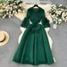 Women's design tassel V-neck slim long heavy-duty pleated trumpet sleeve dress for women_ecoleips.com