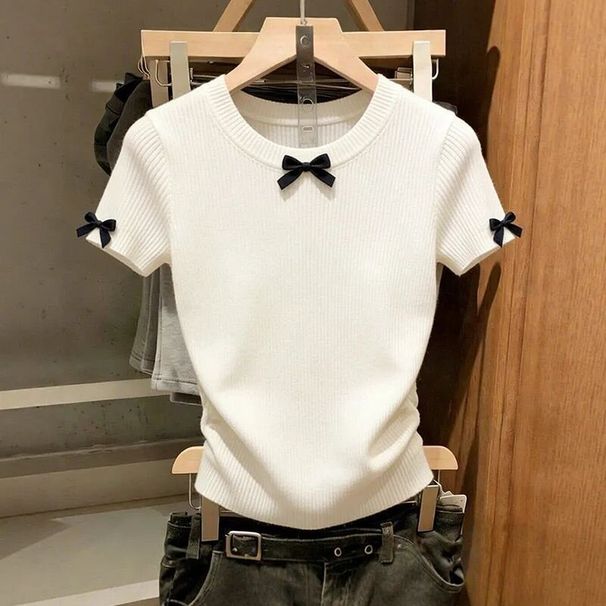 Women's White Bow Tie Short Sleeve T-Shirt Spring/Summer Fashionable Slimming Knitted Round Neck Sweater_ecoleips.com