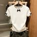 Women's White Bow Tie Short Sleeve T-Shirt Spring/Summer Fashionable Slimming Knitted Round Neck Sweater_ecoleips.com