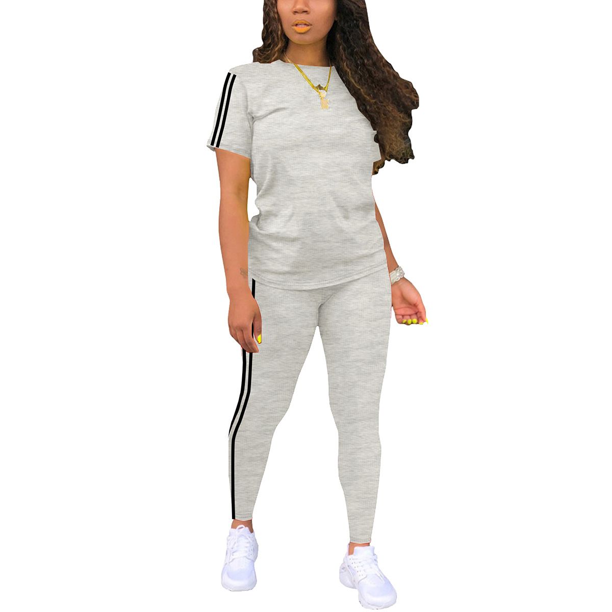 Women's Clothing Women's Round Neck Short Sleeved Top And Trousers Set Side Stripes Two Piece For Formal & Casual For Women_ecoleips.com