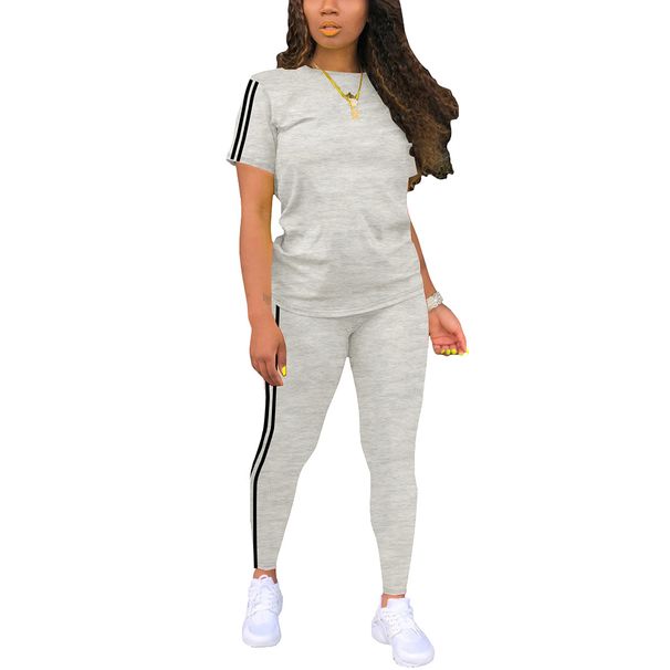 Women's Clothing Women's Round Neck Short Sleeved Top And Trousers Set Side Stripes Two Piece For Formal & Casual For Women_ecoleips.com