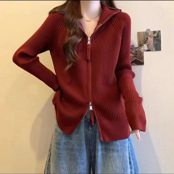 Early Spring New Style Zippered Lapel Ribbed Cardigan For Women, Autumn Winter Korean Version, Casual And Versatile Knit_ecoleips.com