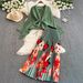 Women's Oversized Tie Waist Batwing Sleeve Pleated Top High Waist Print Skirt Set European American Style Loose Fit_ecoleips.com