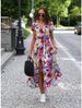 Women's Clothing Summer Printed Dress V Neck Slit Mid Length Fashion_ecoleips.com