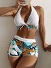 Women's Clothing Swimsuit Women's Split High Waist Boxer Tie Bikini Printed Solid Color Swimsuit_ecoleips.com