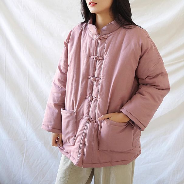 girl Winter Linen Women's Clothing Retro Artistic Buttoned Ramie Quilted Warm Cotton Jacket 2 Colors_ecoleips.com