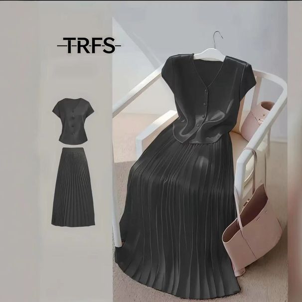 Short Sleeve Knit Cardigan & Pleated Skirt Set - Versatile Casual Office Wear, Loose Fit Womens Two Piece Outfit_ecoleips.com