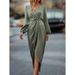 Women's Elegant Neck Pleated Split Puff Sleeve Long Dress Irregular Style For Special Occasions_ecoleips.com