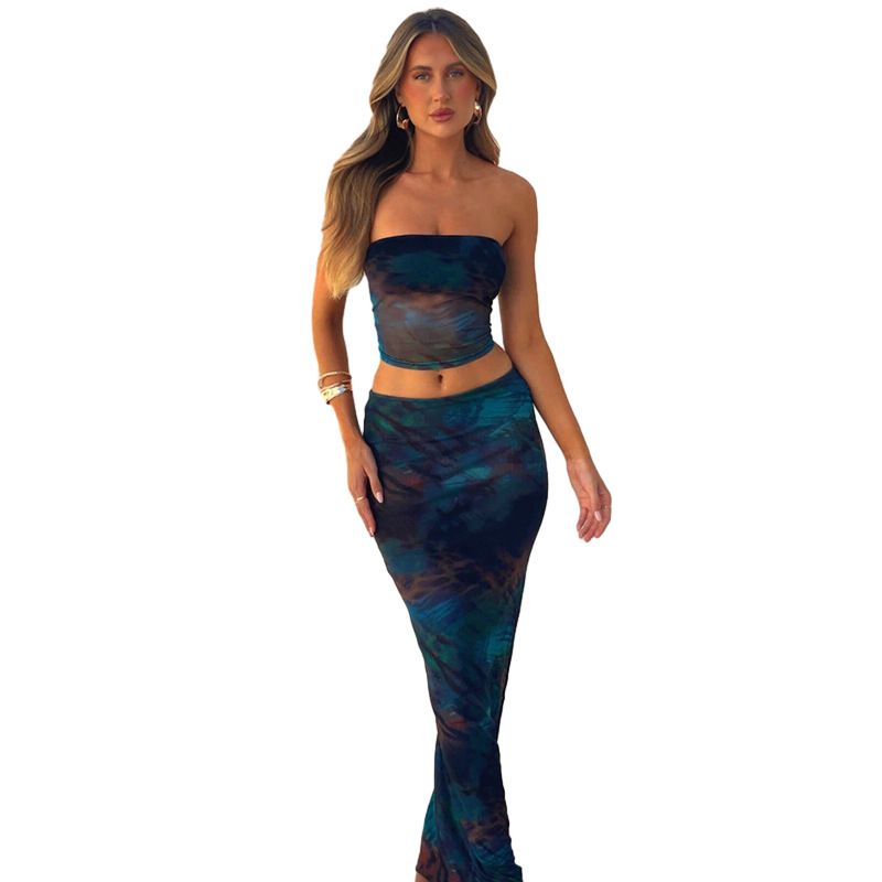 D9742 Women's Fashion Sexy Slim Fit Strapless Printed Tank Top Bodycon Skirt Two-Piece Set_ecoleips.com