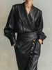 Freeavy Women's PU Leather Long Sleeves Dres V-neck High Waist A-line Pleated Midi Dress 2025 Fall Stylish Trench Coats_ecoleips.com