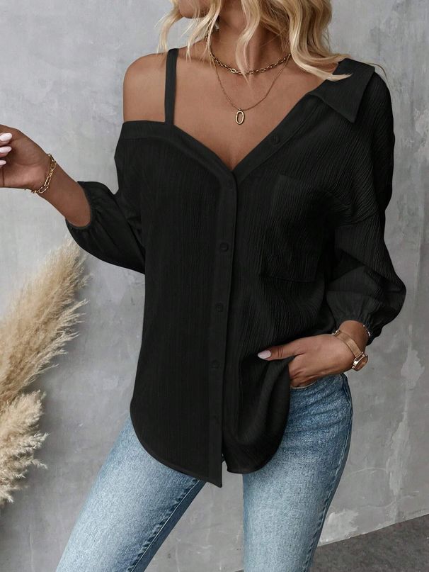 Women's Clothing Three Quarter Sleeve Off Shoulder Cardigan Textured Single Breasted Casual Shirt_ecoleips.com