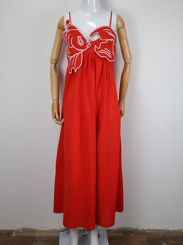 Sweet Style Embroidered One-shoulder Strap Dress Goldfish Pattern High Waist Loose Long Summer Dress For Women_ecoleips.com