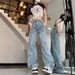 Women's High-Waisted Denim Jeans Embroidered Five-Pointed Star Appliqué Loose Wide Leg Straight Floor-Length Spring/Summer Trendy Floor Length Pants_ecoleips.com