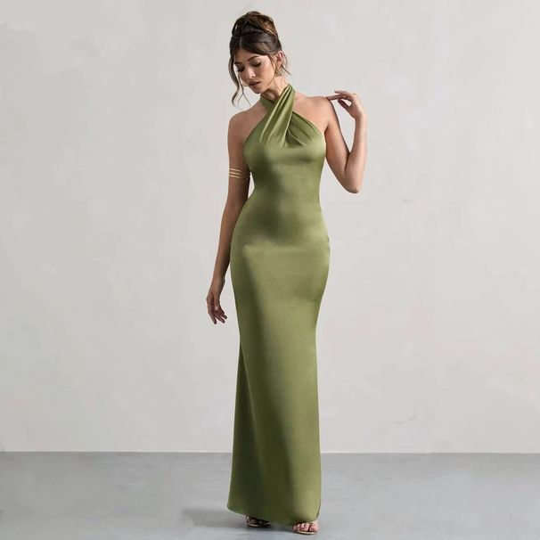 ng2510292 Cross-Border Halter Neck Evening European And American Slim Fit New Solid Color Sexy Women's Long Banquet Dress_ecoleips.com