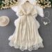 Elegant Women's French Style Dress Tie Waist Single-Breasted Embroidered Mesh Long Summer Fashion 2025_ecoleips.com