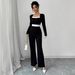 Women's Elegant Long Sleeve Square Neck Jumpsuit Contrast Panel Detail Slim Fit for Spring And Fall_ecoleips.com