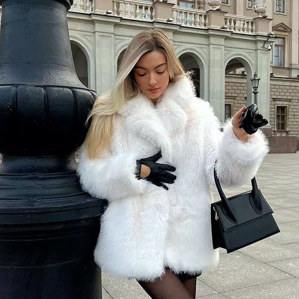Elegant Faux Fur Coat For Women – Long Sleeve, Notched Collar, Plus Size (S-XXXXL, Pink/White)_ecoleips.com