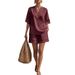 Women's Casual V Neck Two Piece Set Short Sleeved Loose Fit Shorts American Fashion Style Clothing_ecoleips.com