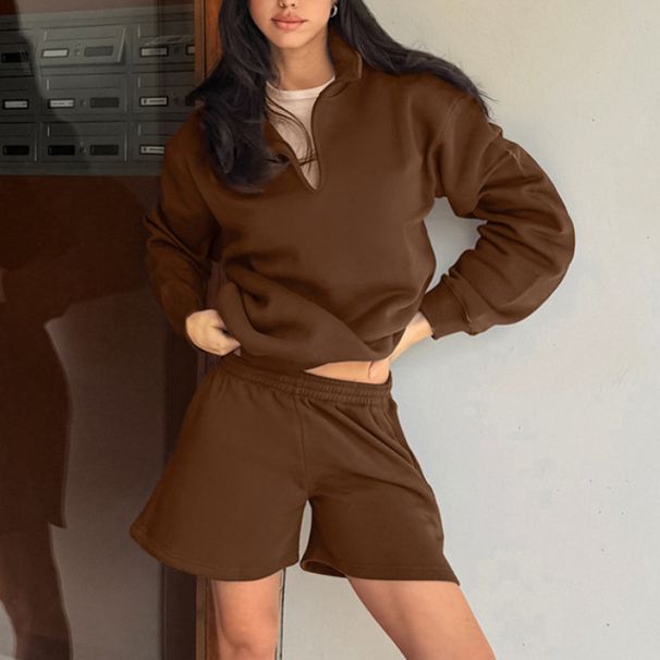 Women's Sporty Hoodie Set With Thick American Retro Style, Versatile Long-Sleeved Polo Collar Top And Shorts Two-Piece_ecoleips.com