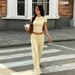 YL26309TKO Women's Casual Two Piece Set Slim Fit round Neck Elegant Top Wide Leg Pants Drawstring Cross Border_ecoleips.com