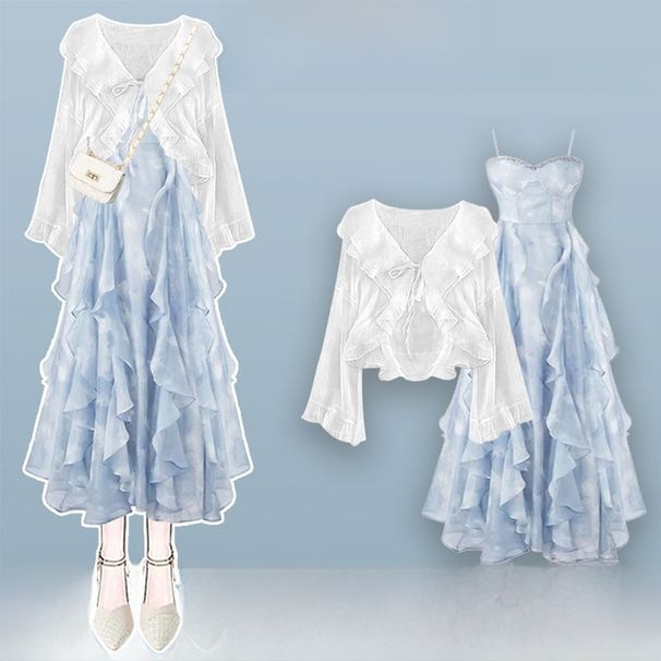 Summer Women's Korean Style Two-Piece Set Sun Protection Cardigan Vacation Casual High Waist A-Line Dress Gentle Fairy_ecoleips.com