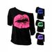Women's Clothing 80s Modal Print Lip Print Off-Shoulder Halloween Costume T-Shirt Regular Fit_ecoleips.com