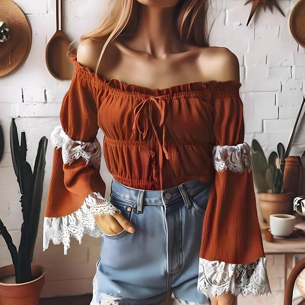 Women's Clothing Off-Shoulder Lace Trim Blouse – Elegant Long Sleeve Bardot Top For Women (S-XL)_ecoleips.com