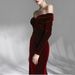 Women's Clothing one line collar, off shoulder, long sleeved, velvet, large skirt, evening dress, toast dress, bridesmaid dress_ecoleips.com
