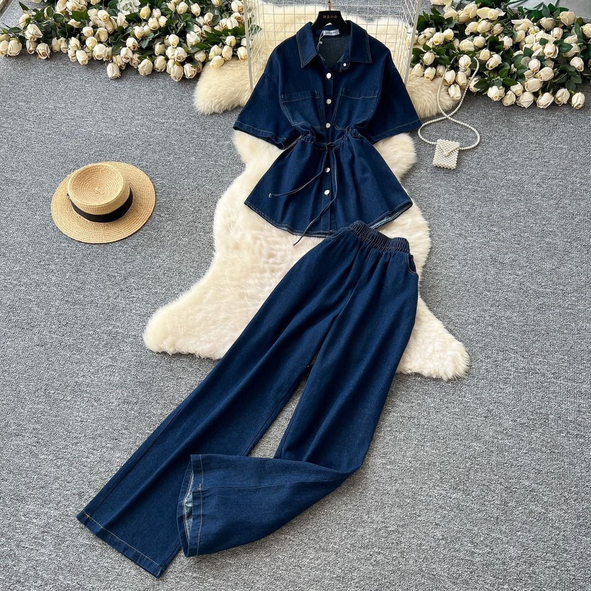 Retro Hot Girl Style Denim Outfit For Women: Summer Drawstring Polo Collar Shirt Top And Elastic Waist Slim Wide-Leg_ecoleips.com
