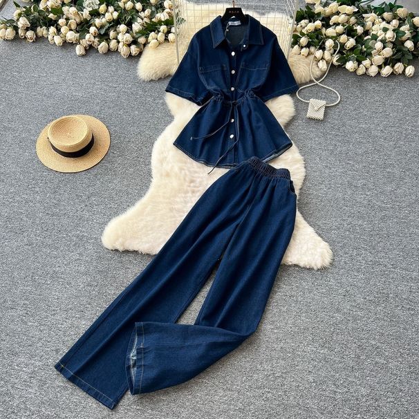 Retro Hot Girl Style Denim Outfit For Women: Summer Drawstring Polo Collar Shirt Top And Elastic Waist Slim Wide-Leg_ecoleips.com