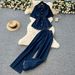 Retro Hot Girl Style Denim Outfit For Women: Summer Drawstring Polo Collar Shirt Top And Elastic Waist Slim Wide-Leg_ecoleips.com