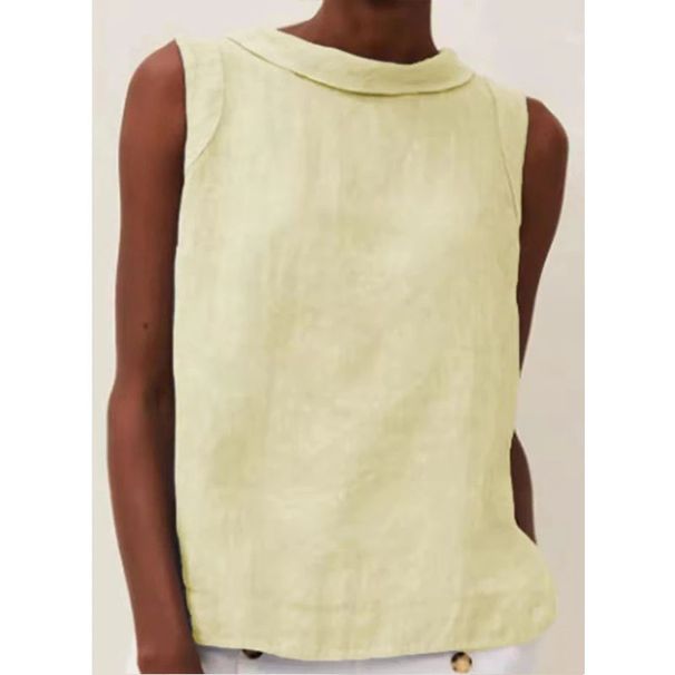 2025 Women's New Style Ladies Turn-down Collar Sleeveless Solid Color Cotton Linen Shirt_ecoleips.com