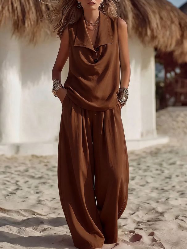 Women's Elegant Two-Piece Set Sleeveless Collared Top Loose Trousers_ecoleips.com