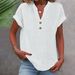 2025 Spring New Women's Solid Color V-neck Button Cotton Linen Short Sleeve Top Shirt_ecoleips.com