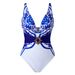 Blue And White Porcelain Print Halter Neck One Piece Swimsuit High Slit Wrap Skirt Two Piece Set For Women Beach Vacation_ecoleips.com