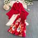 Women's Oversized Tie Waist Batwing Sleeve Pleated Top High Waist Print Skirt Set European American Style Loose Fit_ecoleips.com