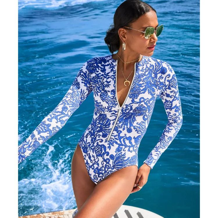 Women's Clothing New Blue Print Sexy Triangle One Piece Swimsuit Round Neck Racing Zipper Surfing Suit_ecoleips.com