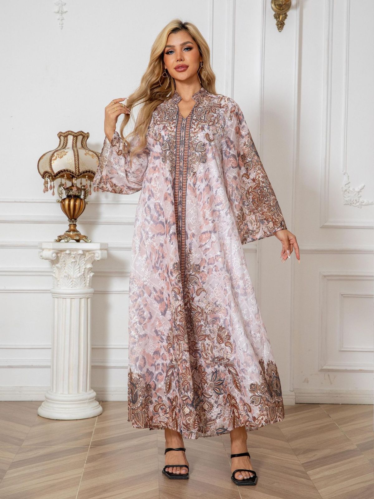 Muslim Women's Robe Embroidered Cloth Printed Diamond Studded Long Skirt Dress Abayas_ecoleips.com