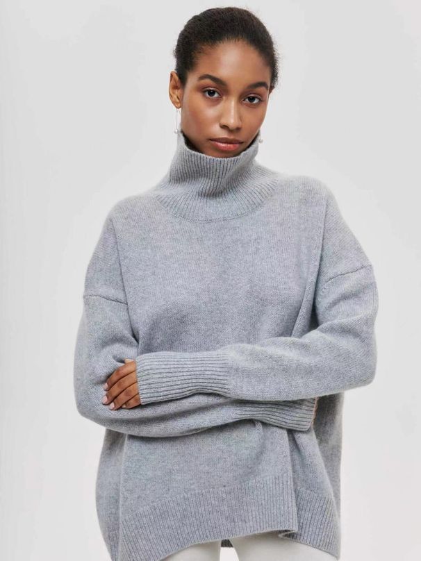 Women's Oversized Semi-Turtleneck Sweater - European & Russian Inspired Knit Pullover, Fall & Winter Casual Streetwear, Soft Acrylic Blend_ecoleips.com